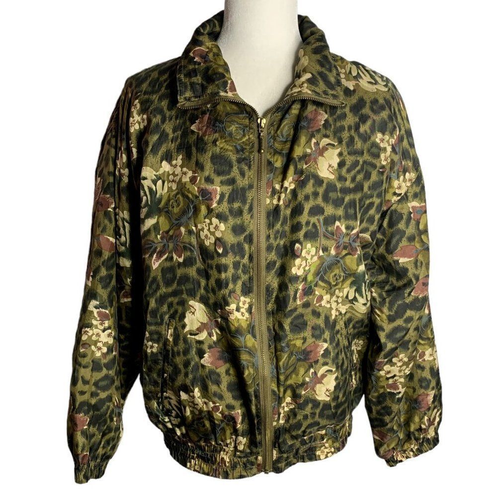 Vintage Silk Leopard Print Bomber Jacket M Green Floral Full Zip Pockets Lined